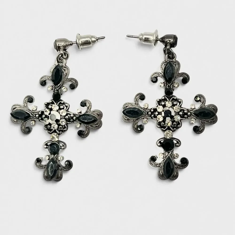 Gothic Cross Dangle Earrings Pierced Ornate Black Rhinestone Whimsigoth Romantic